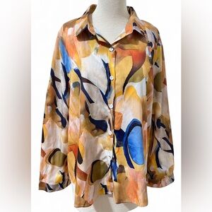 Abstract Multicolor Button-Up Long Sleeve Blouse Women’s Size XXL